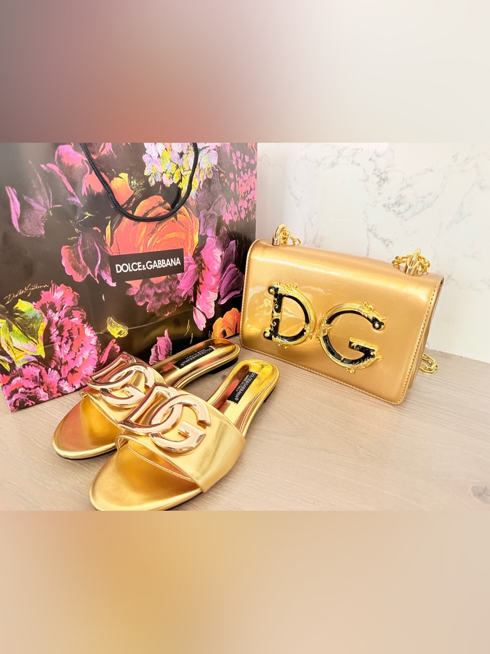 Metallic Gold Patent DG-Emblem Shoulder Bag with Matching Slides size 6 - Picture 13 of 16